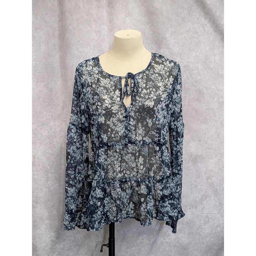 Lucky Brand Womens Small Blue‎ Floral Sheer Tiered Babydoll Blouse Tie Neck Top